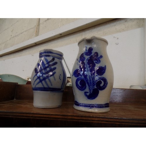 118 - TWO POTTERY MEASURING JUGS - 1 LITRE AND HALF LITRE - IN ATTRACTIVE BLUE GLAZED FIISH