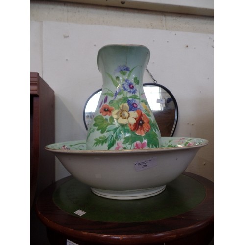 120 - LARGE WASH JUG AND BASIN - BEAUTIFULLY DECORATED WITH DUCK EGG BLUE BACKGROUND AND WILD FLOWER DESIG... 