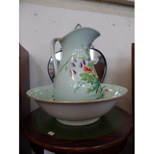 120 - LARGE WASH JUG AND BASIN - BEAUTIFULLY DECORATED WITH DUCK EGG BLUE BACKGROUND AND WILD FLOWER DESIG... 