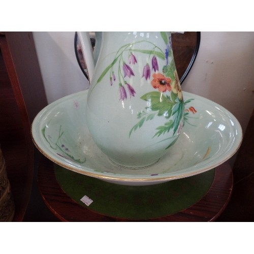 120 - LARGE WASH JUG AND BASIN - BEAUTIFULLY DECORATED WITH DUCK EGG BLUE BACKGROUND AND WILD FLOWER DESIG... 