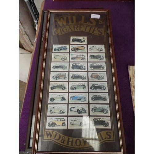 127 - TWO FRAMED AND GLAZED WILLS CIGARETTE CARD DISPLAYS - ONE CLASSIC CARS AND THE OTHER BIRDS PLUS 1977... 