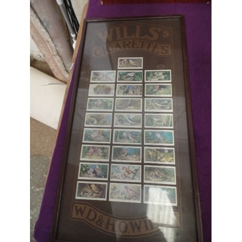 127 - TWO FRAMED AND GLAZED WILLS CIGARETTE CARD DISPLAYS - ONE CLASSIC CARS AND THE OTHER BIRDS PLUS 1977... 