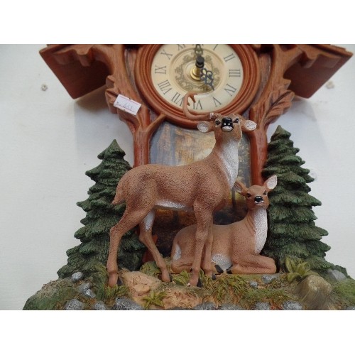 130 - AUSTRIAN STYLE BATTERY CLOCK - VERY DECORATIVE WITH STAGS (HORN MISSING)