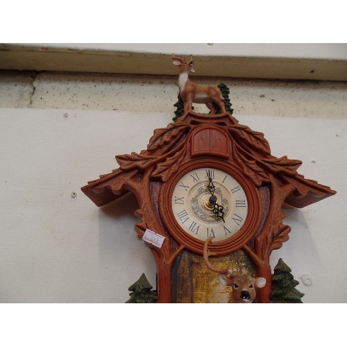 130 - AUSTRIAN STYLE BATTERY CLOCK - VERY DECORATIVE WITH STAGS (HORN MISSING)