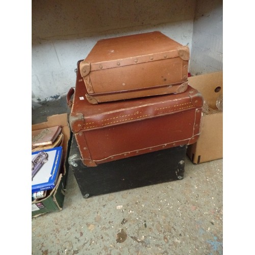 136 - TWO VINTAGE LEATHER LOOK SUITCASES AND A LARGE BLACK COVERED WOODEN CASE/BOX