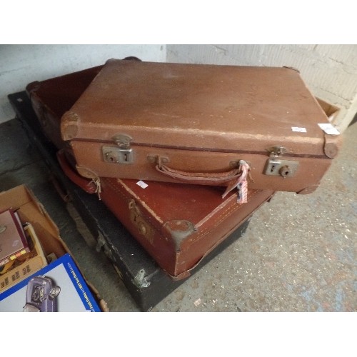 136 - TWO VINTAGE LEATHER LOOK SUITCASES AND A LARGE BLACK COVERED WOODEN CASE/BOX