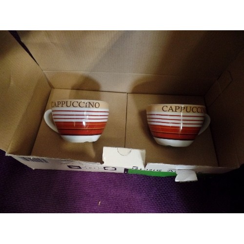 154 - BOXED AND JUNUSED SERIE AMELIE CAPPUCCINO CUPS AND SAUCERS - BROWN.WHITE AND CREAM STRIPES