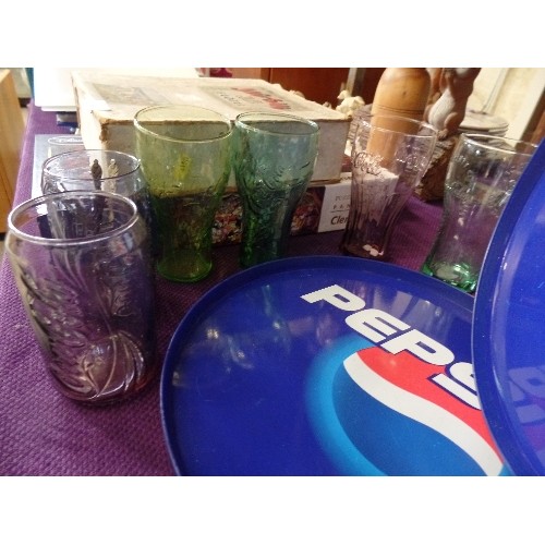 174 - 3 PLASTIC PEPSI ROUND TRAYS WITH 6 VARIOUS COLOURED COCA COLA GLASSES AND 6 APOSTLE SPOONS