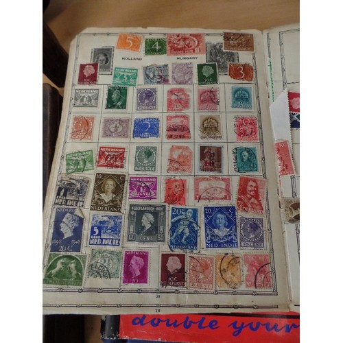 188 - BAGS OF  WORLD AND EUROPE STAMPS, FIRST DAY COVERS, TWO VINTAGE STAMP ALBUMS WITH TAMPS