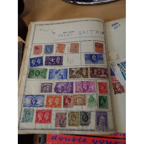 188 - BAGS OF  WORLD AND EUROPE STAMPS, FIRST DAY COVERS, TWO VINTAGE STAMP ALBUMS WITH TAMPS