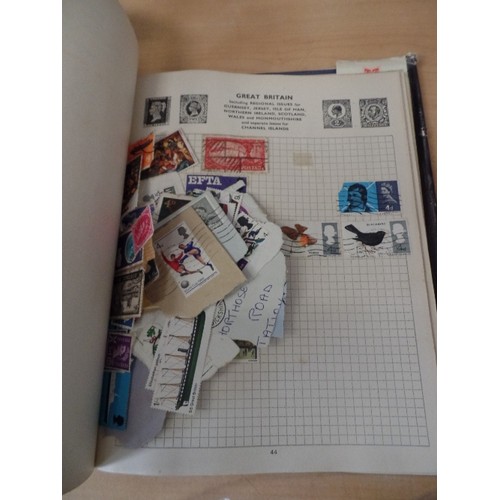 188 - BAGS OF  WORLD AND EUROPE STAMPS, FIRST DAY COVERS, TWO VINTAGE STAMP ALBUMS WITH TAMPS