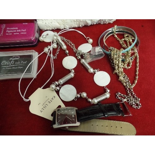 191 - BOX MIXED COSTUME JEWELLERY WITH PEARL DDECORATED EVENING BAG