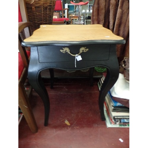 206 - ORNATE FRENCH STYLE SLATE GREY SIDE TABLE WITH DRAWER AND LIGHT WOOD TOP 26