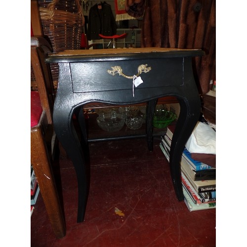 206 - ORNATE FRENCH STYLE SLATE GREY SIDE TABLE WITH DRAWER AND LIGHT WOOD TOP 26