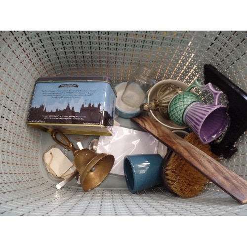 242 - CRATE MIXED KITCHENALIA - COPPER PAN, CROCKERY,SALT HOLDER, CUTLERY ETC