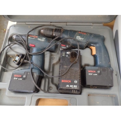 249 - 2 BOSCH DRILLS WITH CHARGERS - CSR 12 VOLT AND GSB 12 VES-2.  WTH CARRYING CASE.