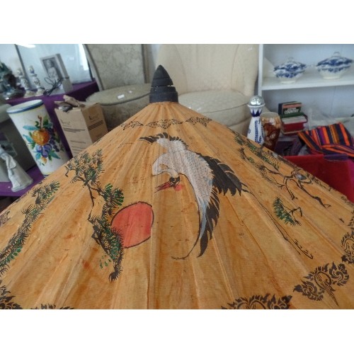 268 - TWO CHINESE  WOODEN RIBBED PARASOLS - ONE HAND PAINTED