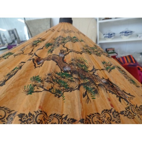 268 - TWO CHINESE  WOODEN RIBBED PARASOLS - ONE HAND PAINTED