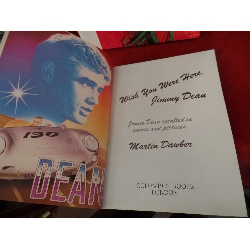 284 - TWO BOOKS ON JAMES DEAN PLUS A FRAMED PHOTO AND STAR PICTURE