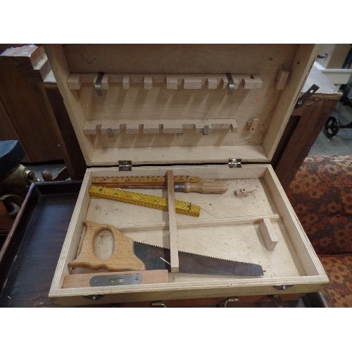 292 - TWO SMALL WOODEN CASED CHILDREN'S CARPENTERS TOOL BOXES WITH TOOLS