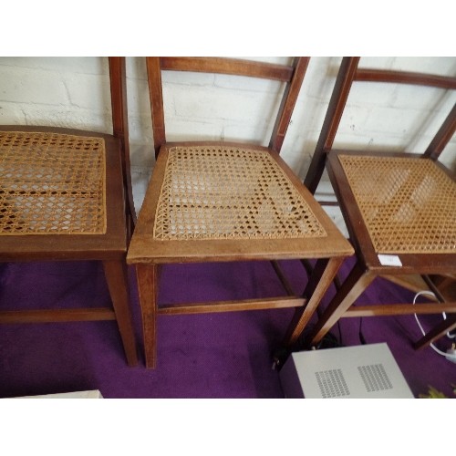 149 - THREE RATTAN SEATED VINTAGE CHAIRS WITH INLAID BACKS - 2 MATCH, OTHER SLIGHTLY SMALLER