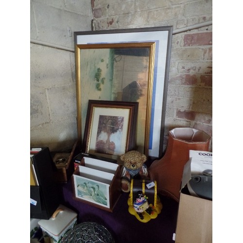 155 - HUGE CORNER LOT INCLUDING FRAMED PRINTS, TABLE LAMPS, TRIPOD, CROCKERY, MAHOGANY CD UNIT, LAMP SHADE... 