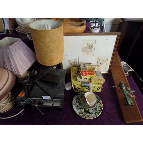 155 - HUGE CORNER LOT INCLUDING FRAMED PRINTS, TABLE LAMPS, TRIPOD, CROCKERY, MAHOGANY CD UNIT, LAMP SHADE... 