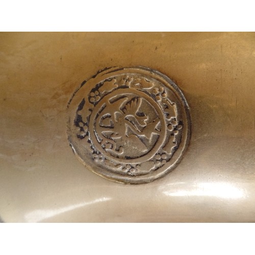 324 - HEAVY VINTAGE BRASS BELL. WITH AN EMBLEM ON FRONT, AND DATE 1842 ON REVERSE. BRACKET ATTACHED.