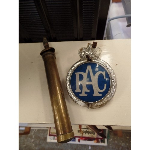 331 - VINTAGE RAC CAR BADGE, AND A SMALL VINATGE BRASS HAND PUMP.