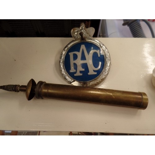 331 - VINTAGE RAC CAR BADGE, AND A SMALL VINATGE BRASS HAND PUMP.