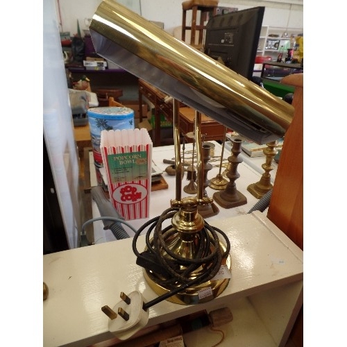 332 - BRASS DESK LAMP WITH BAR SHADE. WORKING