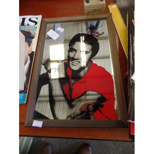 342 - COLLECTION OF VINTAGE ELVIS MEMORABILIA, INC A MIRROR, CERAMIC FIGURE, BOOKS AND CALENDARS PLUS A MU... 