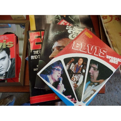 342 - COLLECTION OF VINTAGE ELVIS MEMORABILIA, INC A MIRROR, CERAMIC FIGURE, BOOKS AND CALENDARS PLUS A MU... 