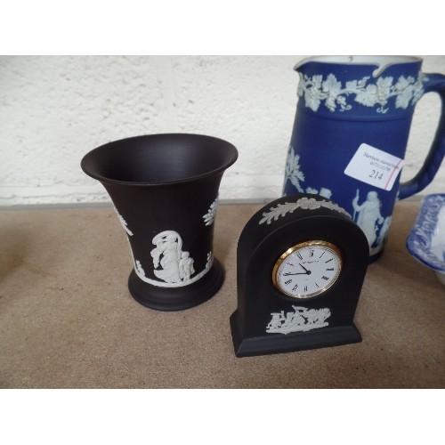 214 - WEDGWOOD BLACK JASPERWARE VASE AND CLOCK, A VICTORIAN WEDGWOOD BLUE JASPERWARE JUG WITH STAR CRACK T... 