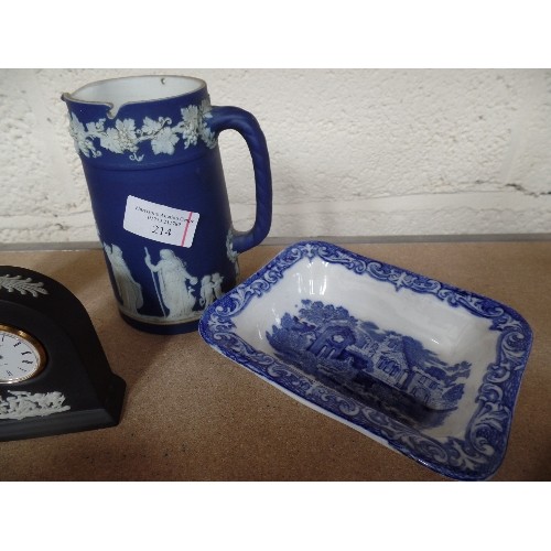 214 - WEDGWOOD BLACK JASPERWARE VASE AND CLOCK, A VICTORIAN WEDGWOOD BLUE JASPERWARE JUG WITH STAR CRACK T... 