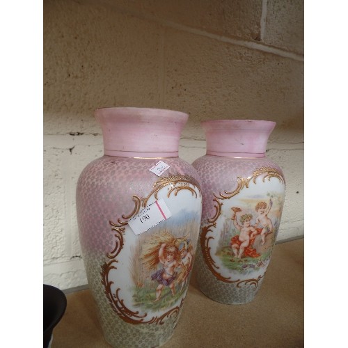 190 - A PAIR OF VICTORIAN OPALINE GLASS VASES DECORATED WITH CHERUBS. HAND GILDING AROUND THE PANELS - 27C... 