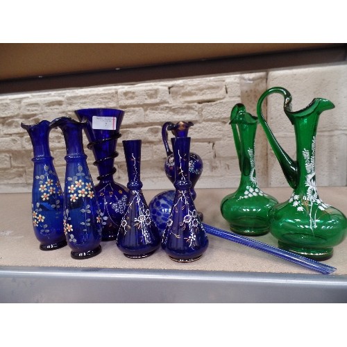 7 - SELECTION OF VICTORIAN AND LATER COBALT BLUE & GREEN ENAMELLED GLASSWARE INCLUDING A VASE WITH SPIRA... 