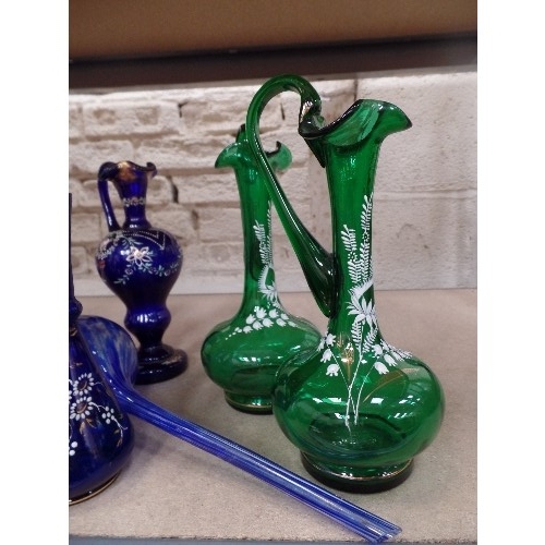 7 - SELECTION OF VICTORIAN AND LATER COBALT BLUE & GREEN ENAMELLED GLASSWARE INCLUDING A VASE WITH SPIRA... 