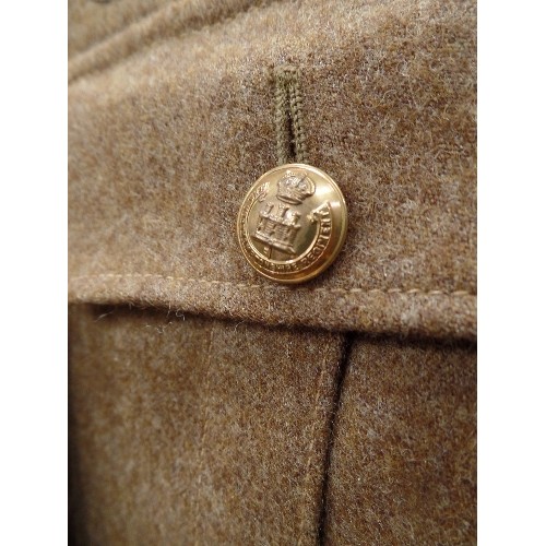 182 - A WW2 BRITISH ARMY TUNIC WITH JACKET AND TROUSERS - NORTHAMPTONSHIRE REGIMENT BUTTONS AND BADGES INC... 