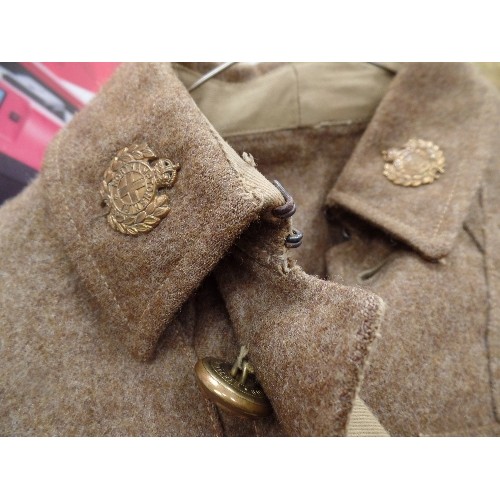 182 - A WW2 BRITISH ARMY TUNIC WITH JACKET AND TROUSERS - NORTHAMPTONSHIRE REGIMENT BUTTONS AND BADGES INC... 