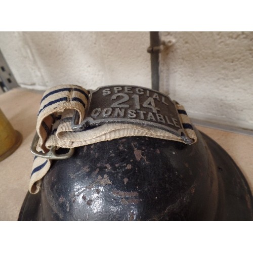 180 - A WW2 SPECIAL CONSTABLE'S BRODIE TYPE HELMET TOGETHER WITH A SPECIAL CONSTABLE ARM BAND