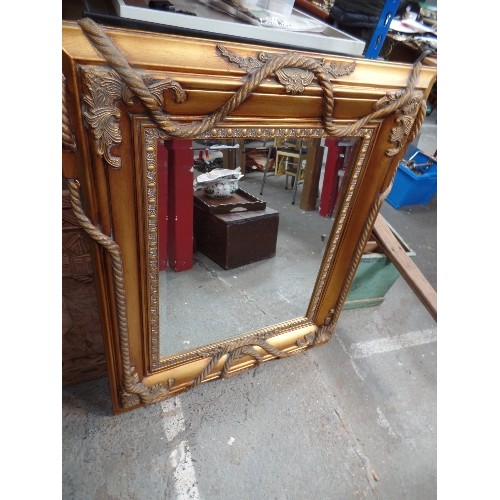 110 - LARGE GILT FRAMED MIRROR WITH NAUTICAL ROPE DETAIL, BEVELLED GLASS - 80CM X 90CM