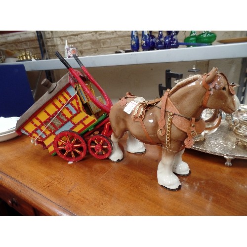 248 - VINTAGE HAND MADE GYPSY CARAVAN WITH A POTTERY HORSE