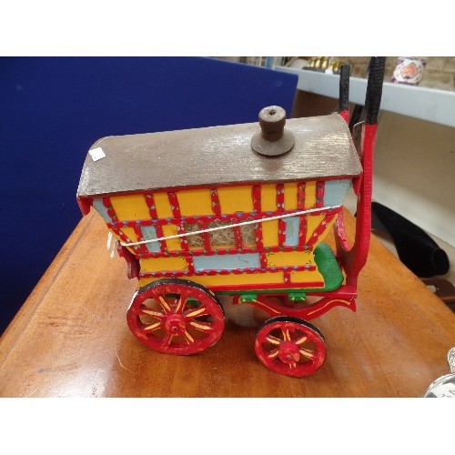 248 - VINTAGE HAND MADE GYPSY CARAVAN WITH A POTTERY HORSE