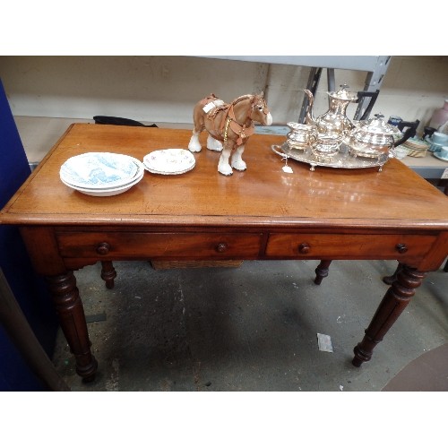 104 - AN EARLY VICTORIAN MAHOGANY SIDE TABLE WITH TWO DRAWERS ON TURNED AND FLUTED LEGS - 137CM X 67CM X 8... 