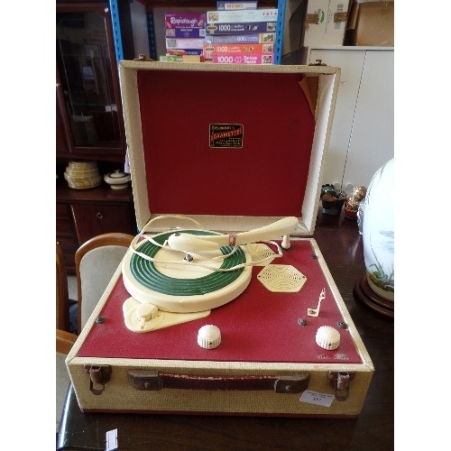 357 - SMALL RETRO-VINTAGE 'CRAMETTE BROADCASTER' PORTABLE RECORD PLAYER/TURNTABLE. IN CREAM/RED CARRY CASE... 