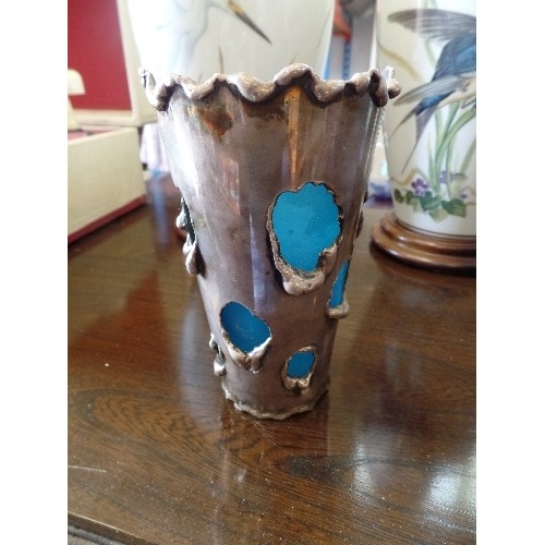 360 - UNUSUAL SILVER-PLATED VASE, WITH TURQUOISE GLASS INSERT.