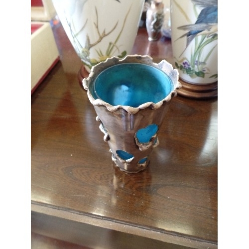 360 - UNUSUAL SILVER-PLATED VASE, WITH TURQUOISE GLASS INSERT.