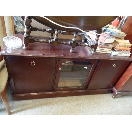 364 - STAG SIDEBOARD. DARK WOOD, WITH GLASS CENTRAL DOOR. APPROX 150 CM L.