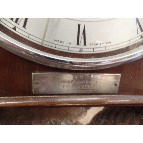 370 - LARGE VINTAGE MANTLE CLOCK, BY ALEXANDER CLARK LTD. WITH PRESENTATION PLAQUE FROM BRITISH RAIL FOR 4... 